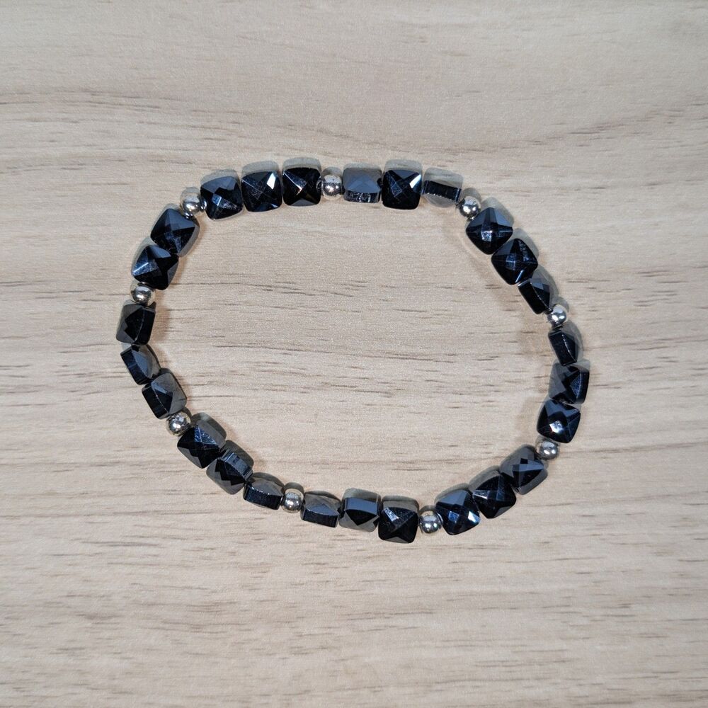 Black Faceted Bead Bracelet Stretch Silver Spacer Minimalist Jewelry